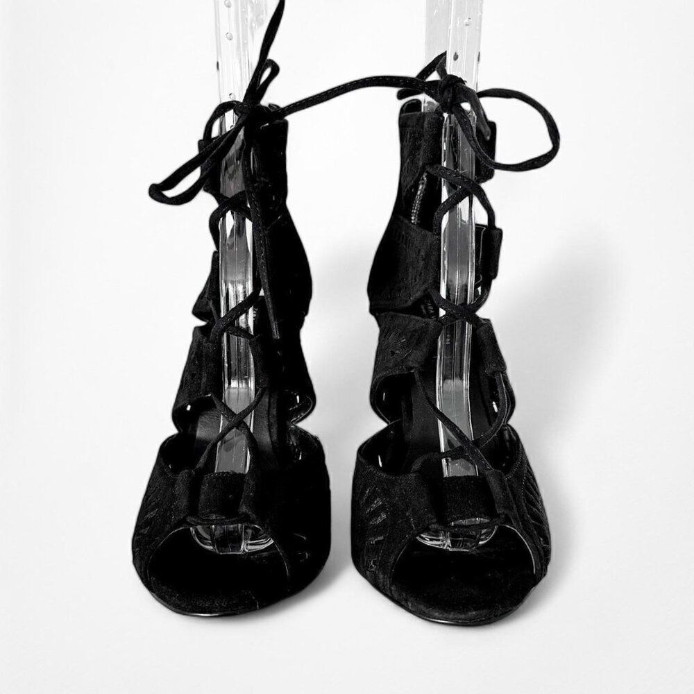 Zara Black Suede Leather Lace Up Peep Toe Ankle Bootie Stiletto Heels Size 6 - Picture 5 of 7